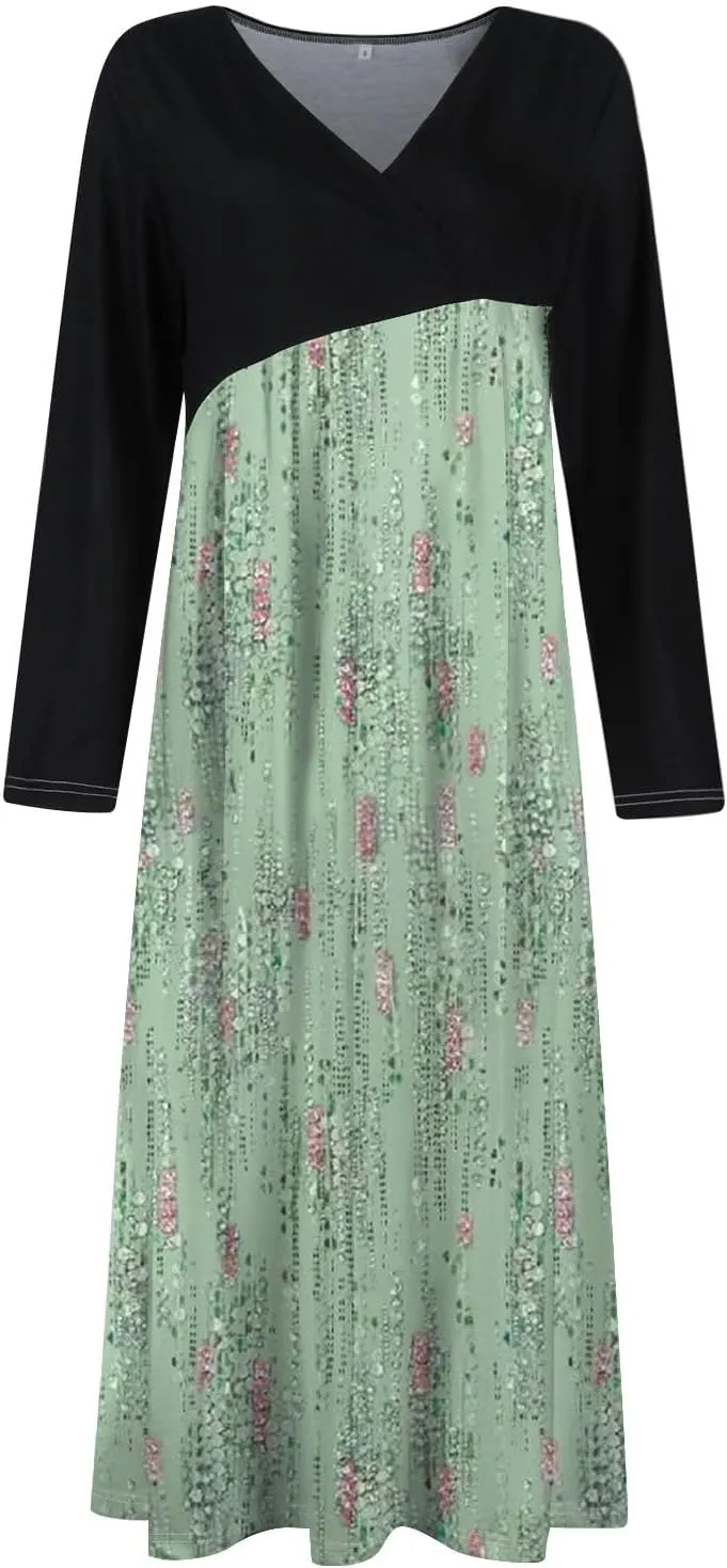 Womens Spring Fashion 2025 Dress Midi V Neck Long Sleeve Tea Length Boho Summer Trendy Western Curvy Dress