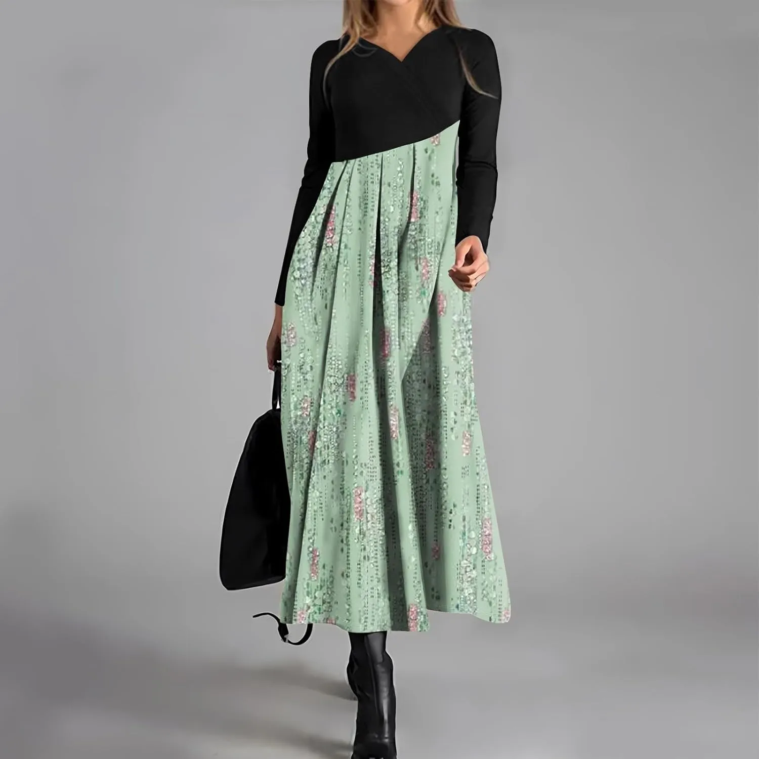 Womens Spring Fashion 2025 Dress Midi V Neck Long Sleeve Tea Length Boho Summer Trendy Western Curvy Dress