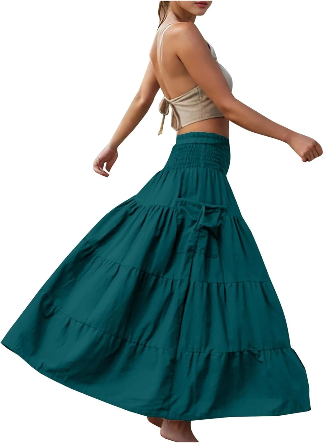 Womens Summer Boho Flowy Swing Tiered A-Line Maxi Skirt 2025 Fashion Trendy Elastic Waist Pleated Layered Long Beach Dress