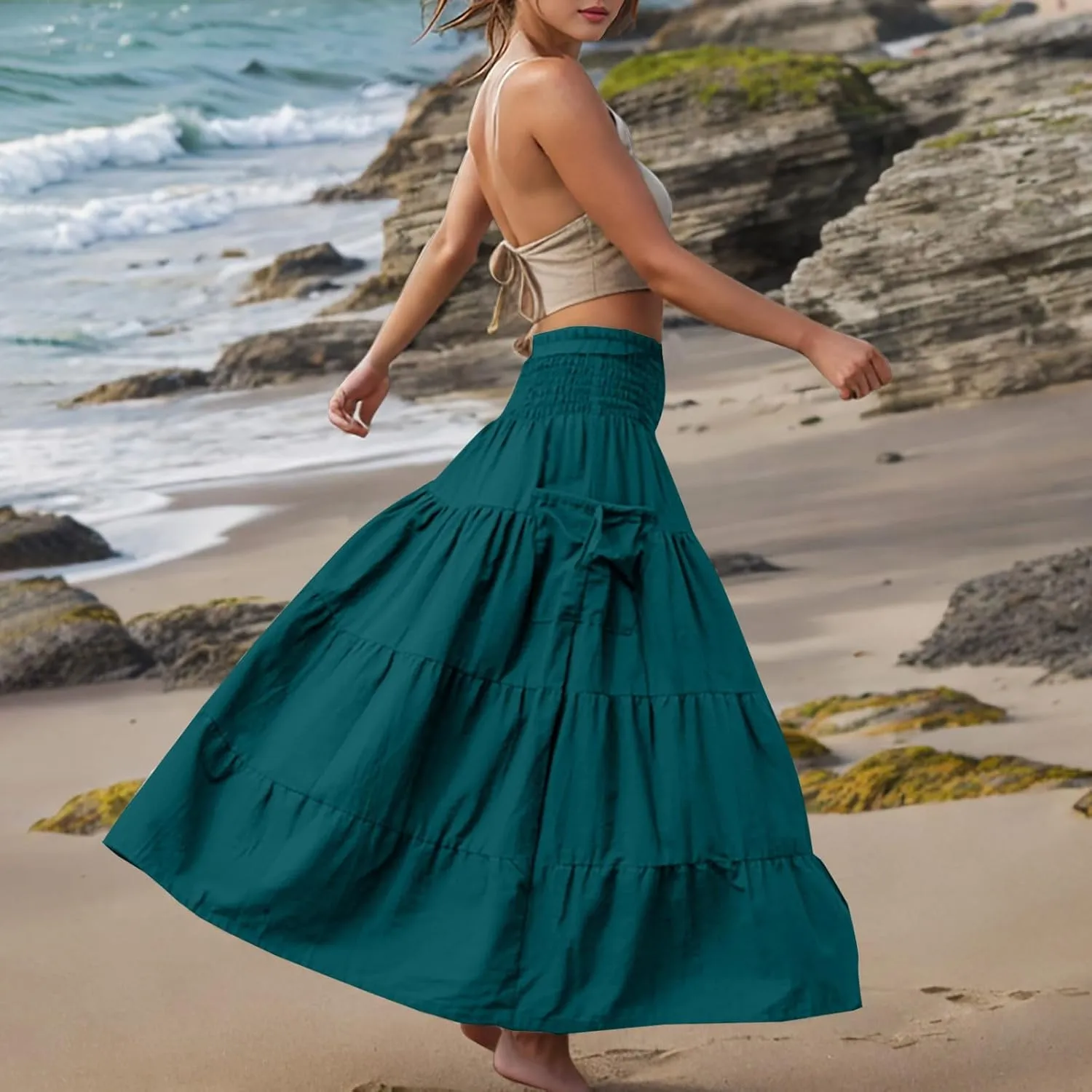 Womens Summer Boho Flowy Swing Tiered A-Line Maxi Skirt 2025 Fashion Trendy Elastic Waist Pleated Layered Long Beach Dress