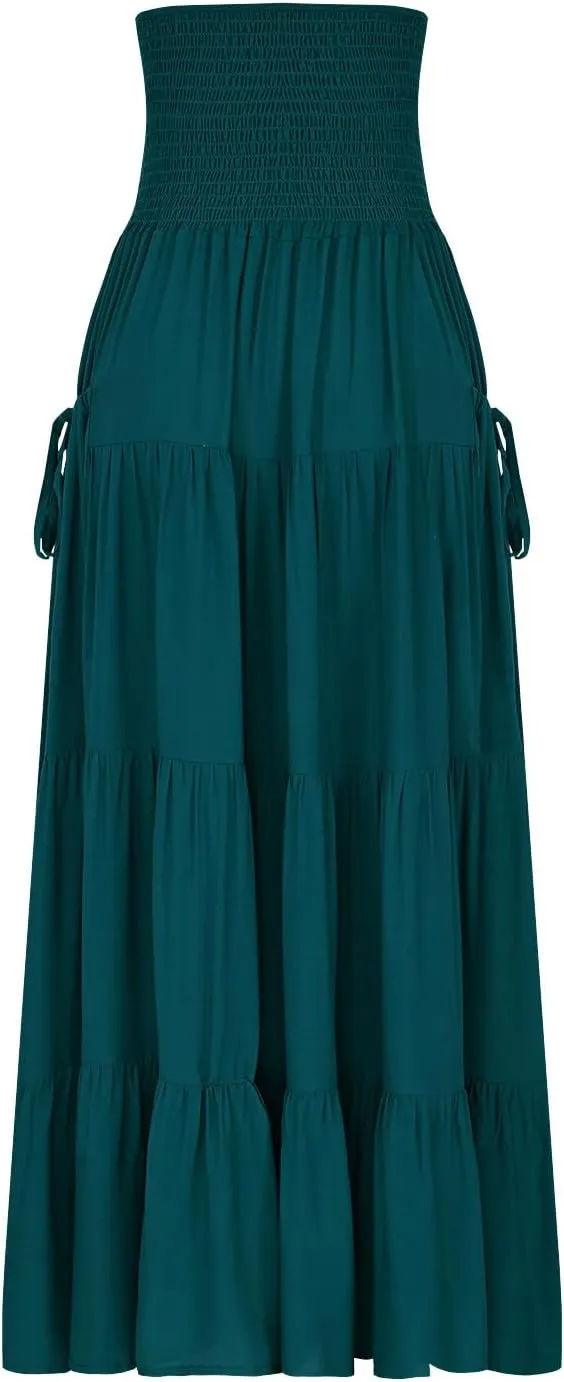 Womens Summer Boho Flowy Swing Tiered A-Line Maxi Skirt 2025 Fashion Trendy Elastic Waist Pleated Layered Long Beach Dress