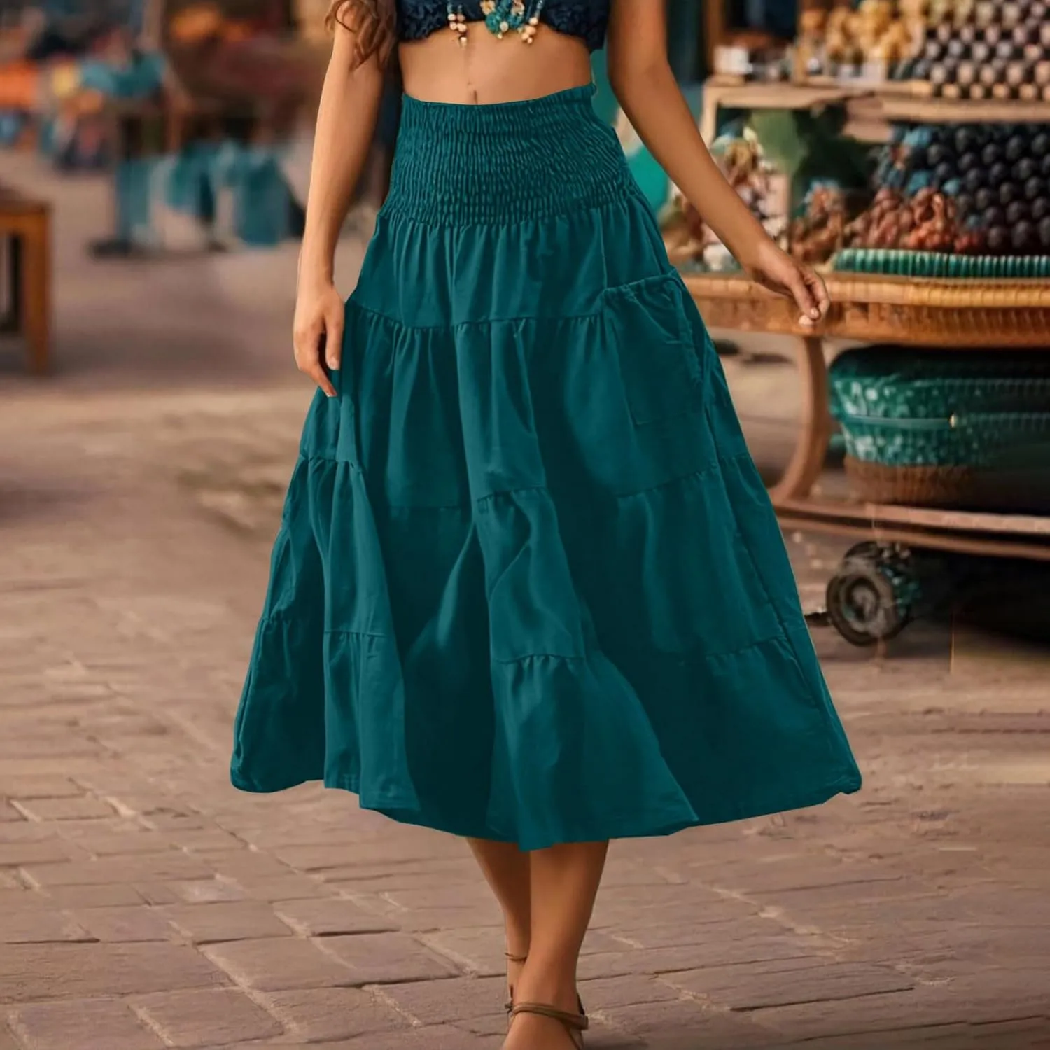 Womens Summer Boho Flowy Swing Tiered A-Line Maxi Skirt 2025 Fashion Trendy Elastic Waist Pleated Layered Long Beach Dress
