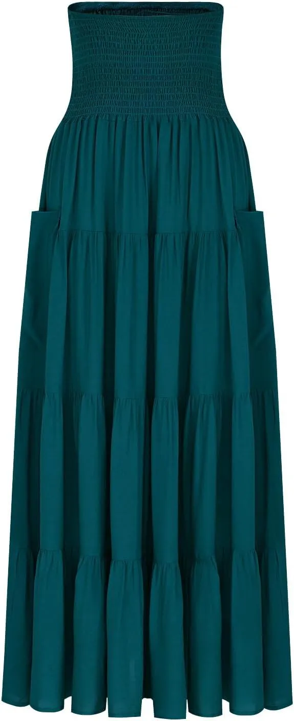 Womens Summer Boho Flowy Swing Tiered A-Line Maxi Skirt 2025 Fashion Trendy Elastic Waist Pleated Layered Long Beach Dress