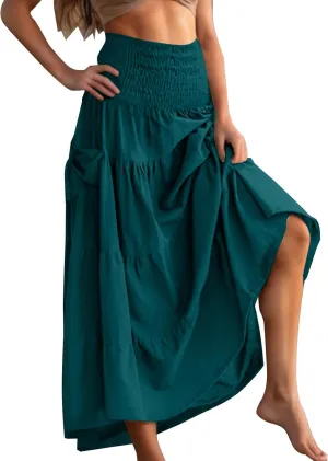 Womens Summer Boho Flowy Swing Tiered A-Line Maxi Skirt 2025 Fashion Trendy Elastic Waist Pleated Layered Long Beach Dress