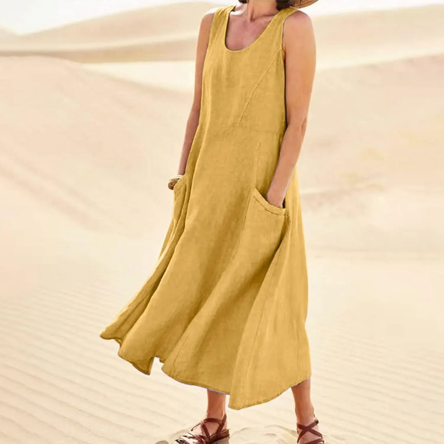 Women's Summer Cotton Linen Long Dress Sleeveless Elegant Flowy Dresses Plus Size Loose Comfy Dresses with Pockets