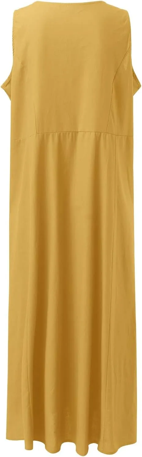 Women's Summer Cotton Linen Long Dress Sleeveless Elegant Flowy Dresses Plus Size Loose Comfy Dresses with Pockets