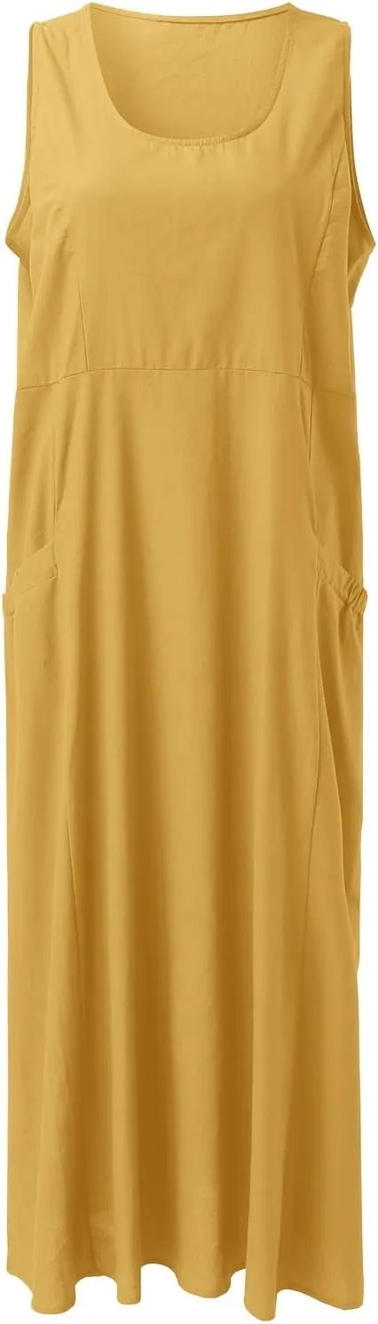 Women's Summer Cotton Linen Long Dress Sleeveless Elegant Flowy Dresses Plus Size Loose Comfy Dresses with Pockets