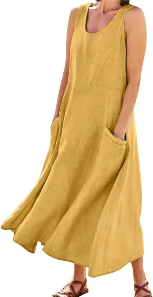 Women's Summer Cotton Linen Long Dress Sleeveless Elegant Flowy Dresses Plus Size Loose Comfy Dresses with Pockets