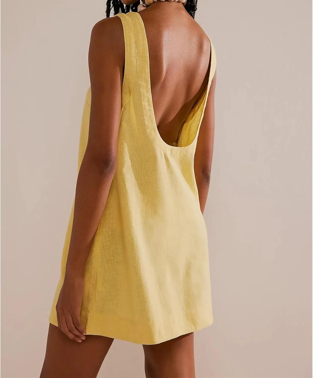 Womens Summer Crew Neck Sleeveless Tank Open Back Dress Cotton Linen Casual Sundress Beach Solid Sunshine Mini Dress