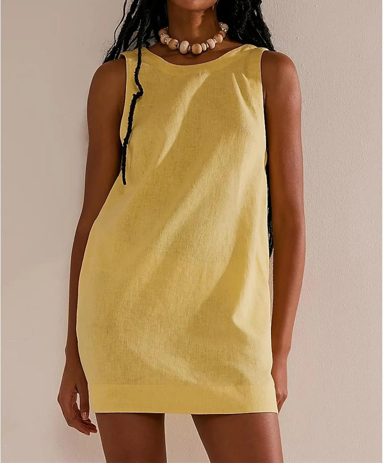 Womens Summer Crew Neck Sleeveless Tank Open Back Dress Cotton Linen Casual Sundress Beach Solid Sunshine Mini Dress