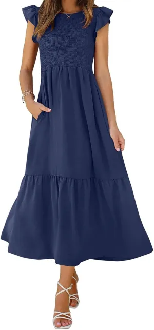 Womens Summer Dresses 2024 Smocked Empire Waist Maxi Dress Ruffle Sleeve Long Flowy Dress Casual Tiered A-Line Dress