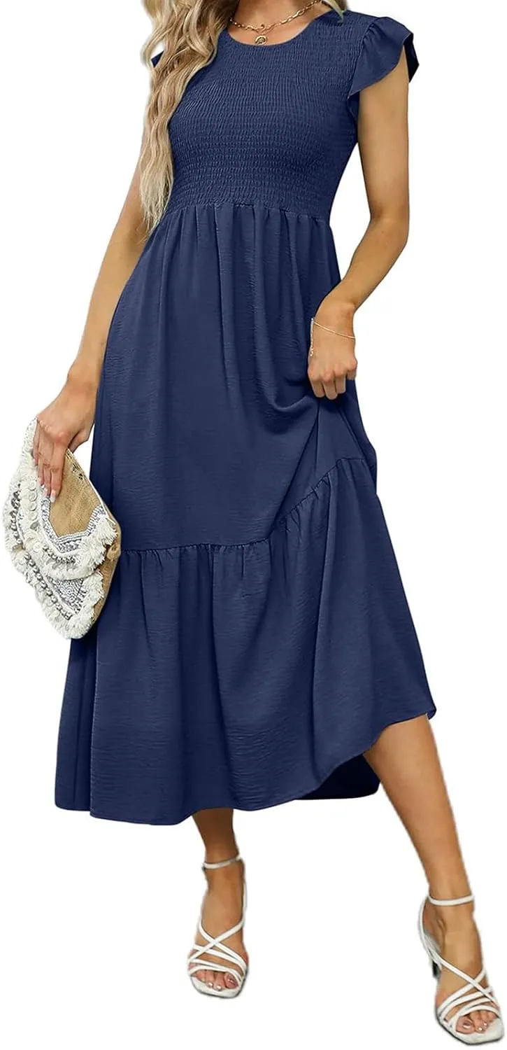 Womens Summer Dresses 2024 Smocked Empire Waist Maxi Dress Ruffle Sleeve Long Flowy Dress Casual Tiered A-Line Dress
