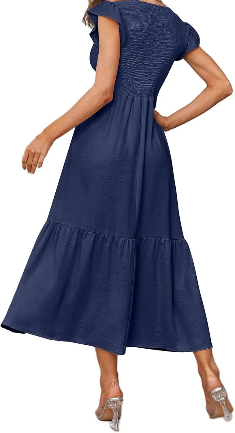 Womens Summer Dresses 2024 Smocked Empire Waist Maxi Dress Ruffle Sleeve Long Flowy Dress Casual Tiered A-Line Dress