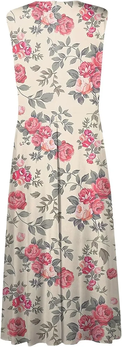 Womens Summer Dresses 2025 Floral Sleeveless V Neck Maxi Dresses High Waisted Flowy Sundresses Plus Size Beach Dress
