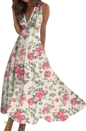 Womens Summer Dresses 2025 Floral Sleeveless V Neck Maxi Dresses High Waisted Flowy Sundresses Plus Size Beach Dress