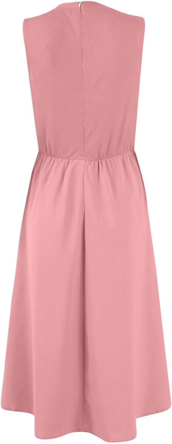 Womens Summer Dresses Casual Sundresses High Waist Midi Dresses Tank Sleeveless Wrap Dress A Line Dress with Pockets