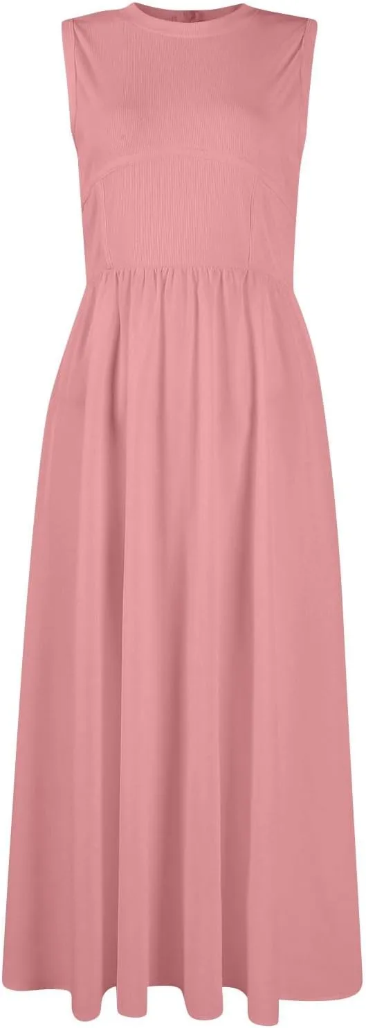 Womens Summer Dresses Casual Sundresses High Waist Midi Dresses Tank Sleeveless Wrap Dress A Line Dress with Pockets