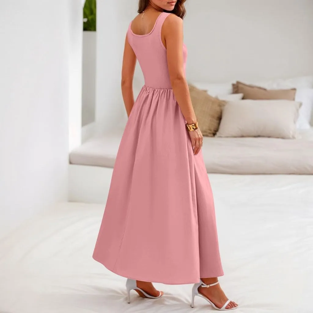 Womens Summer Dresses Casual Sundresses High Waist Midi Dresses Tank Sleeveless Wrap Dress A Line Dress with Pockets