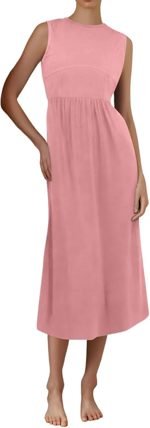 Womens Summer Dresses Casual Sundresses High Waist Midi Dresses Tank Sleeveless Wrap Dress A Line Dress with Pockets