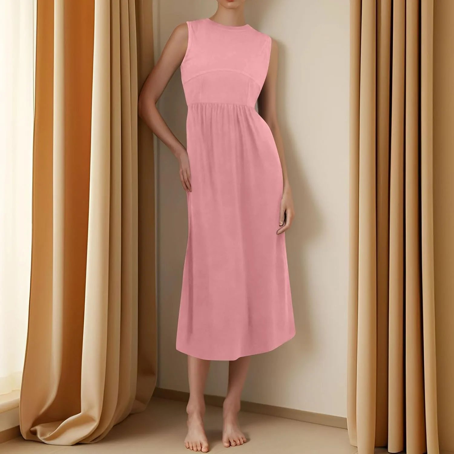 Womens Summer Dresses Casual Sundresses High Waist Midi Dresses Tank Sleeveless Wrap Dress A Line Dress with Pockets