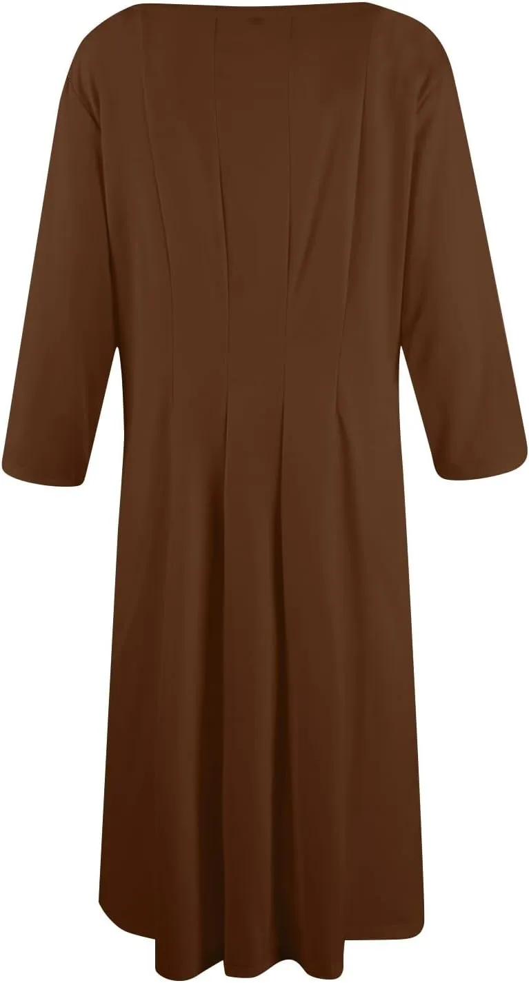 Womens Summer Dresses Crew Neck 3/4 Sleeve Dress Solid Color Wrap Dress Spring Midi Dresses Pleated with Pocket