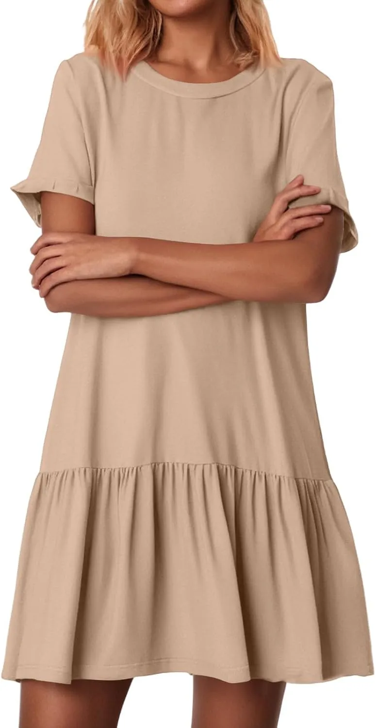 Womens Summer Dresses Ruffle Short Sleeve Crewneck Casual Dress A Line Plain Simple Flowy Sundress 2025 Vacation