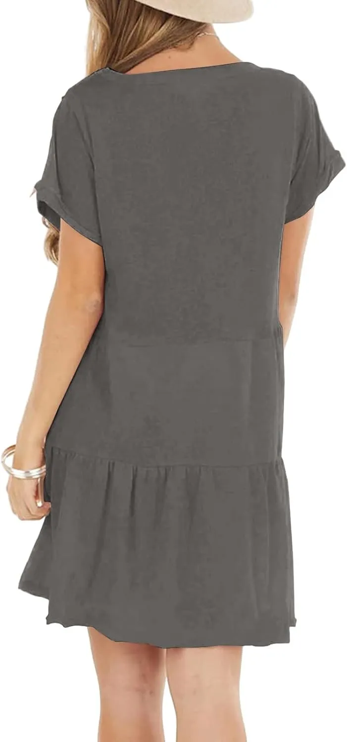 Womens Summer Dresses Ruffle Short Sleeve Crewneck Casual Dress A Line Plain Simple Flowy Sundress 2025 Vacation