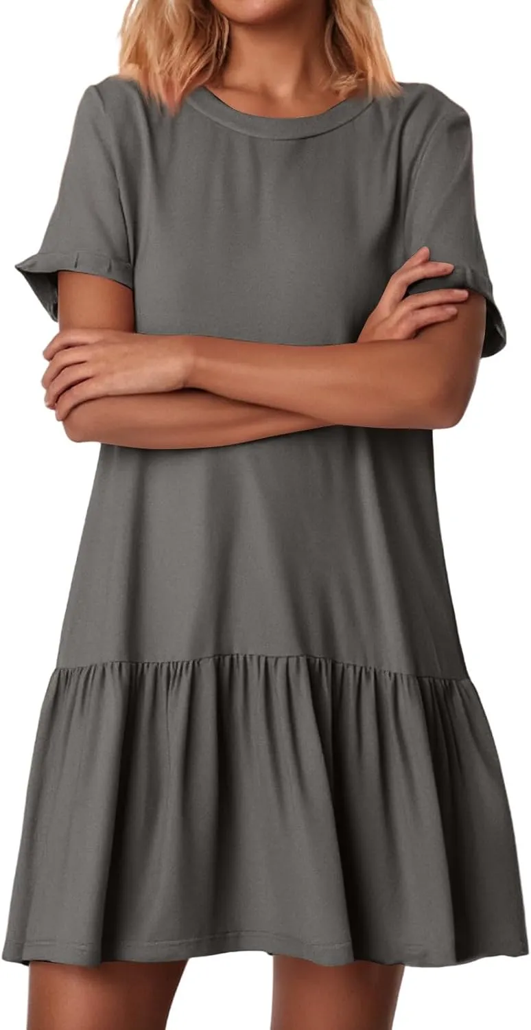 Womens Summer Dresses Ruffle Short Sleeve Crewneck Casual Dress A Line Plain Simple Flowy Sundress 2025 Vacation