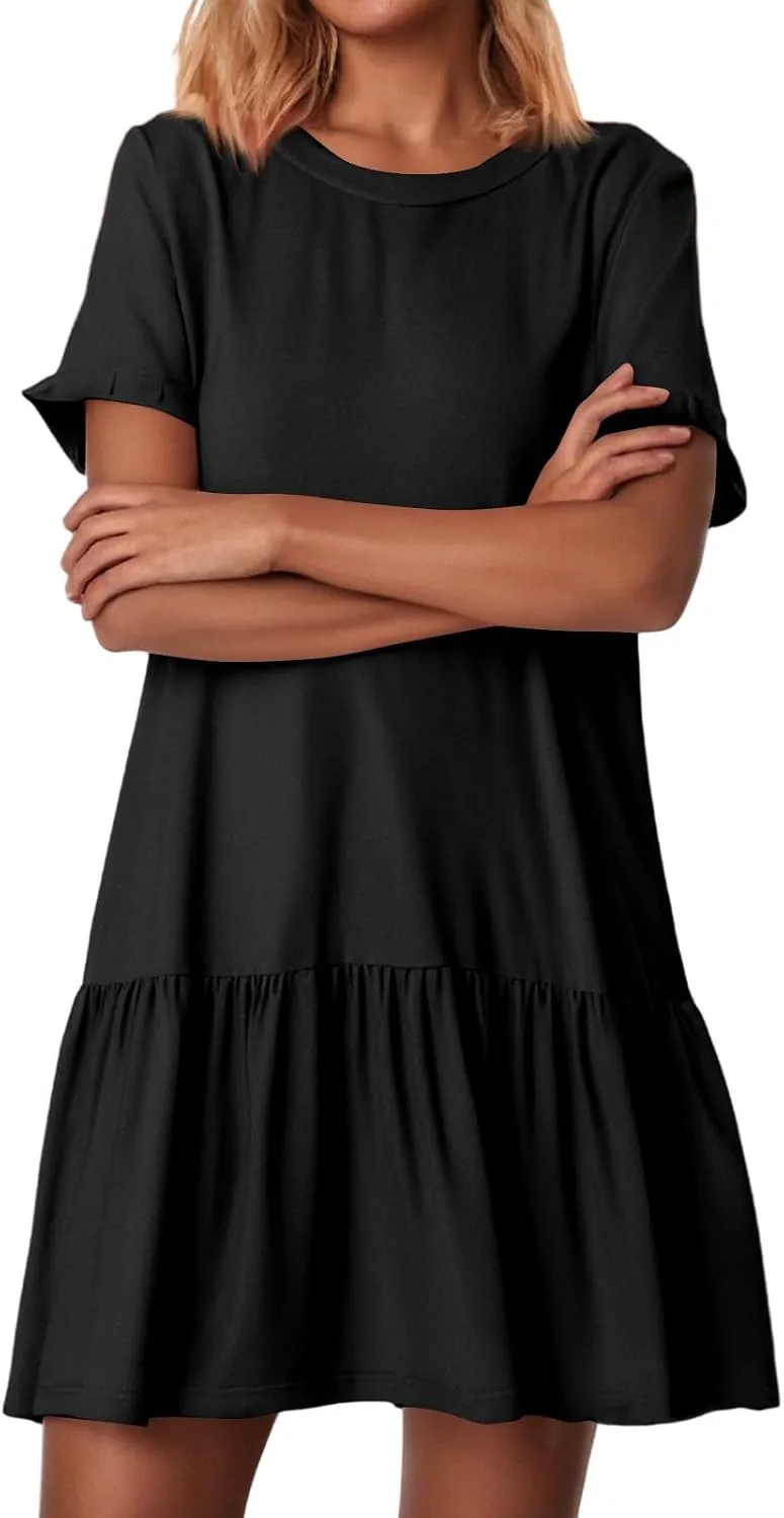 Womens Summer Dresses Ruffle Short Sleeve Crewneck Casual Dress A Line Plain Simple Flowy Sundress 2025 Vacation