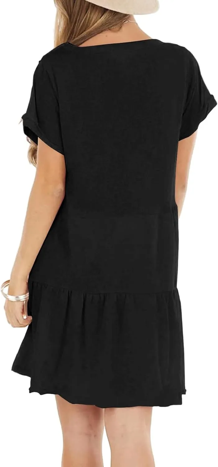 Womens Summer Dresses Ruffle Short Sleeve Crewneck Casual Dress A Line Plain Simple Flowy Sundress 2025 Vacation