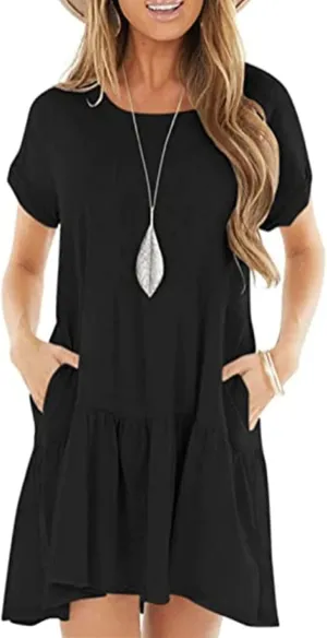 Womens Summer Dresses Ruffle Short Sleeve Crewneck Casual Dress A Line Plain Simple Flowy Sundress 2025 Vacation