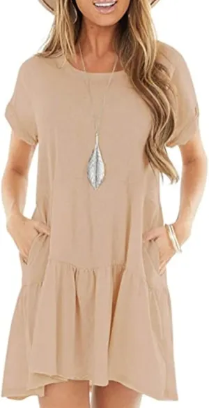 Womens Summer Dresses Ruffle Short Sleeve Crewneck Casual Dress A Line Plain Simple Flowy Sundress 2025 Vacation