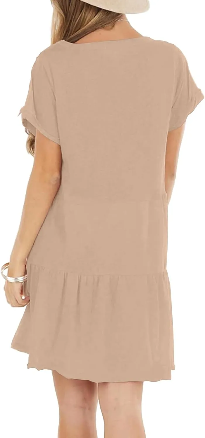 Womens Summer Dresses Ruffle Short Sleeve Crewneck Casual Dress A Line Plain Simple Flowy Sundress 2025 Vacation