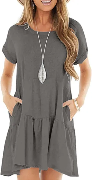 Womens Summer Dresses Ruffle Short Sleeve Crewneck Casual Dress A Line Plain Simple Flowy Sundress 2025 Vacation