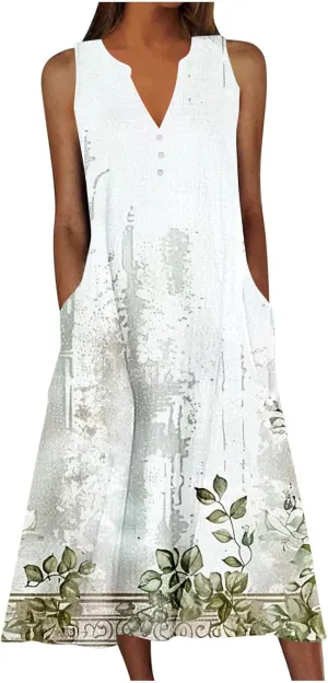 Womens Summer Dresses Sleeveless V Neck Floral Dress Wedding Guest Maxi Dress Flowy Boho Beach Vacation Sundress