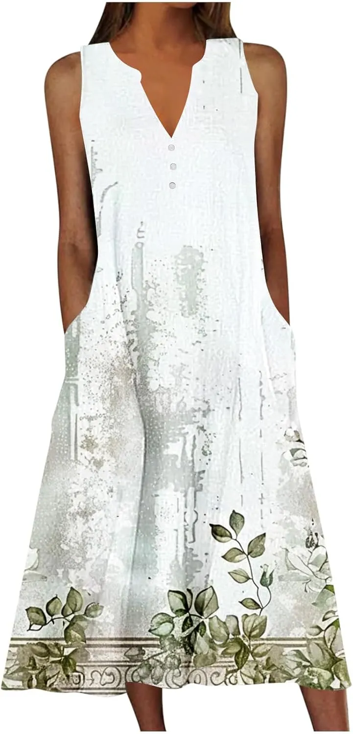 Womens Summer Dresses Sleeveless V Neck Floral Dress Wedding Guest Maxi Dress Flowy Boho Beach Vacation Sundress