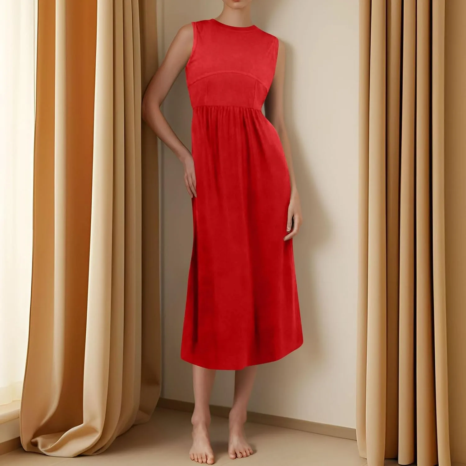 Women's Summer Dresses Sundresses Empire Waist Dresses Tank Dress Sleeveless Wrap Dress Ruched with Pockets