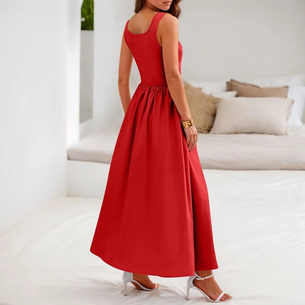 Women's Summer Dresses Sundresses Empire Waist Dresses Tank Dress Sleeveless Wrap Dress Ruched with Pockets
