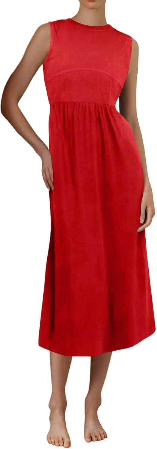 Women's Summer Dresses Sundresses Empire Waist Dresses Tank Dress Sleeveless Wrap Dress Ruched with Pockets