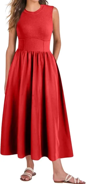 Women's Summer Dresses Sundresses Empire Waist Dresses Tank Dress Sleeveless Wrap Dress Ruched with Pockets