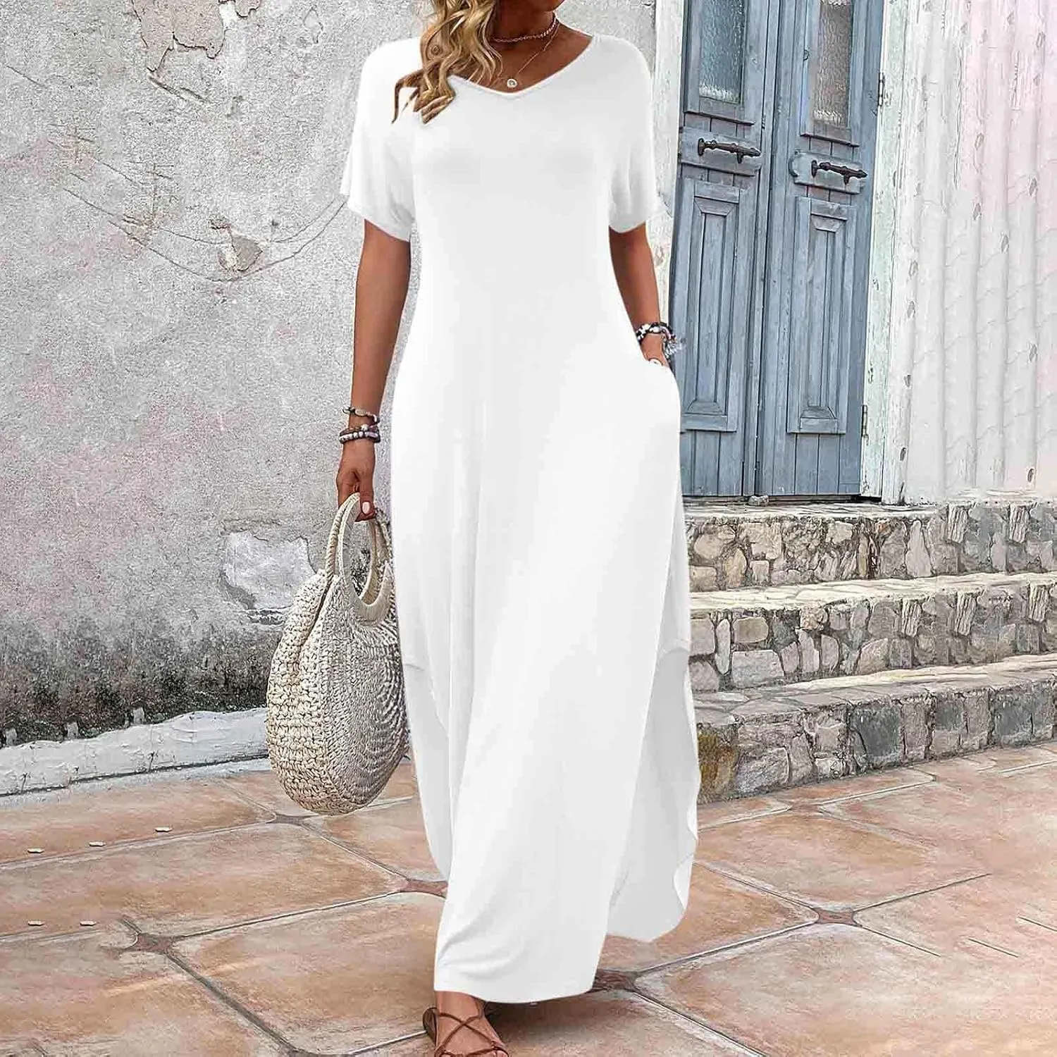 Women's Summer Maxi Dress Short Sleeve V Neck Casual Loose Long Beach Split Dresses with Pockets