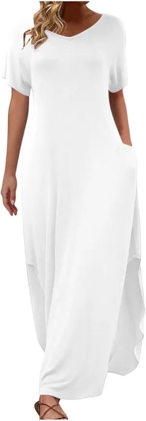 Women's Summer Maxi Dress Short Sleeve V Neck Casual Loose Long Beach Split Dresses with Pockets