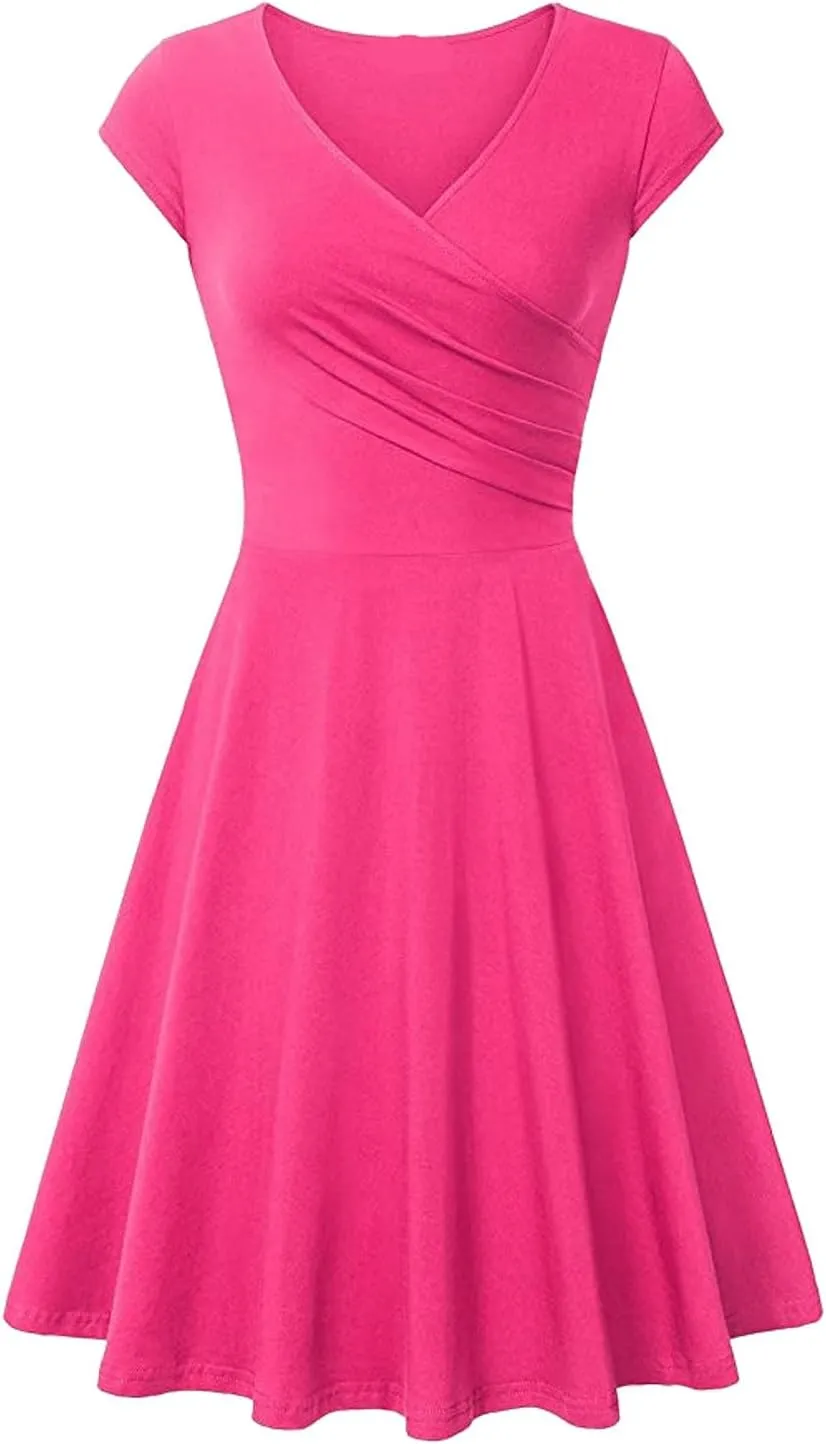 Womens Summer Mini Dresses, Fancy Solid Cap Sleeve Empire Waist Flowy Swing Shirt Dress Comfy Cocktail Party Summer Outfit