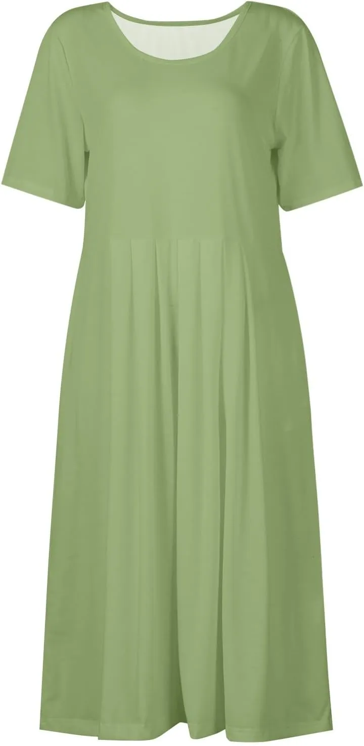 Women's Summer Short Sleeve A-Line Midi Dresses Casual Floral T-Shirt Dress Boho Beach Dresses with Pockets