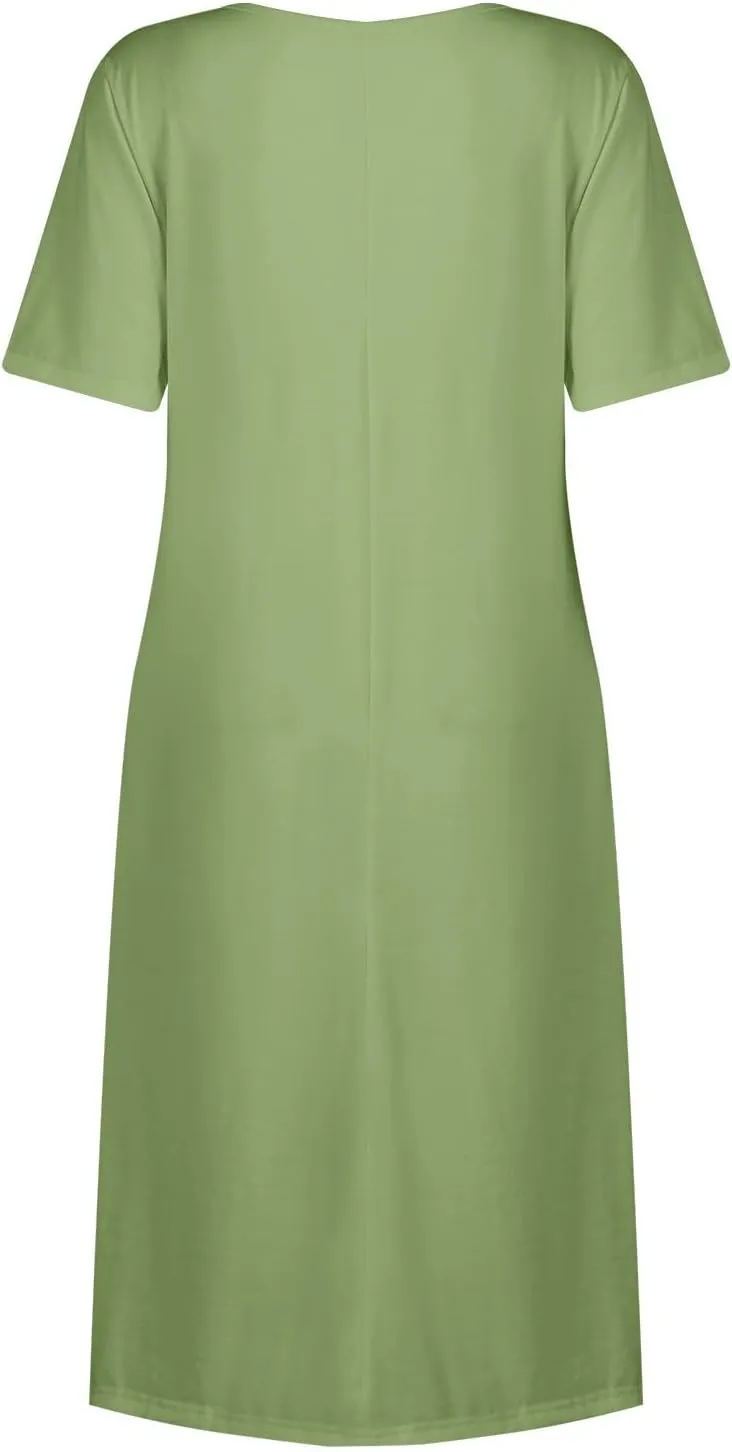 Women's Summer Short Sleeve A-Line Midi Dresses Casual Floral T-Shirt Dress Boho Beach Dresses with Pockets