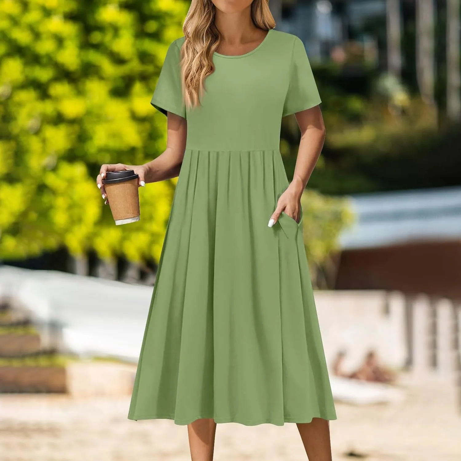 Women's Summer Short Sleeve A-Line Midi Dresses Casual Floral T-Shirt Dress Boho Beach Dresses with Pockets