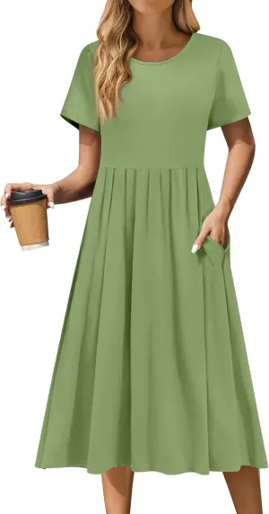 Women's Summer Short Sleeve A-Line Midi Dresses Casual Floral T-Shirt Dress Boho Beach Dresses with Pockets