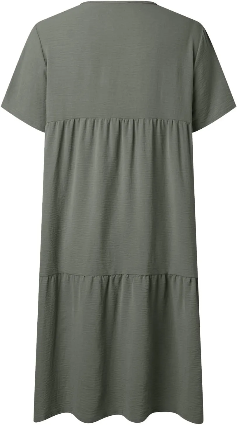Women's Summer Short Sleeve Casual Dresses V-Neck Linen Loose Flowy Swing Maxi Dress Cute Boho Beach Elegant Sundress