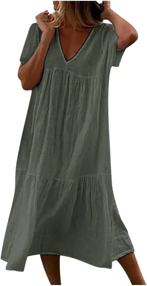 Women's Summer Short Sleeve Casual Dresses V-Neck Linen Loose Flowy Swing Maxi Dress Cute Boho Beach Elegant Sundress