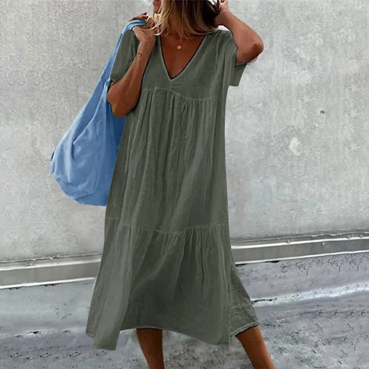Women's Summer Short Sleeve Casual Dresses V-Neck Linen Loose Flowy Swing Maxi Dress Cute Boho Beach Elegant Sundress